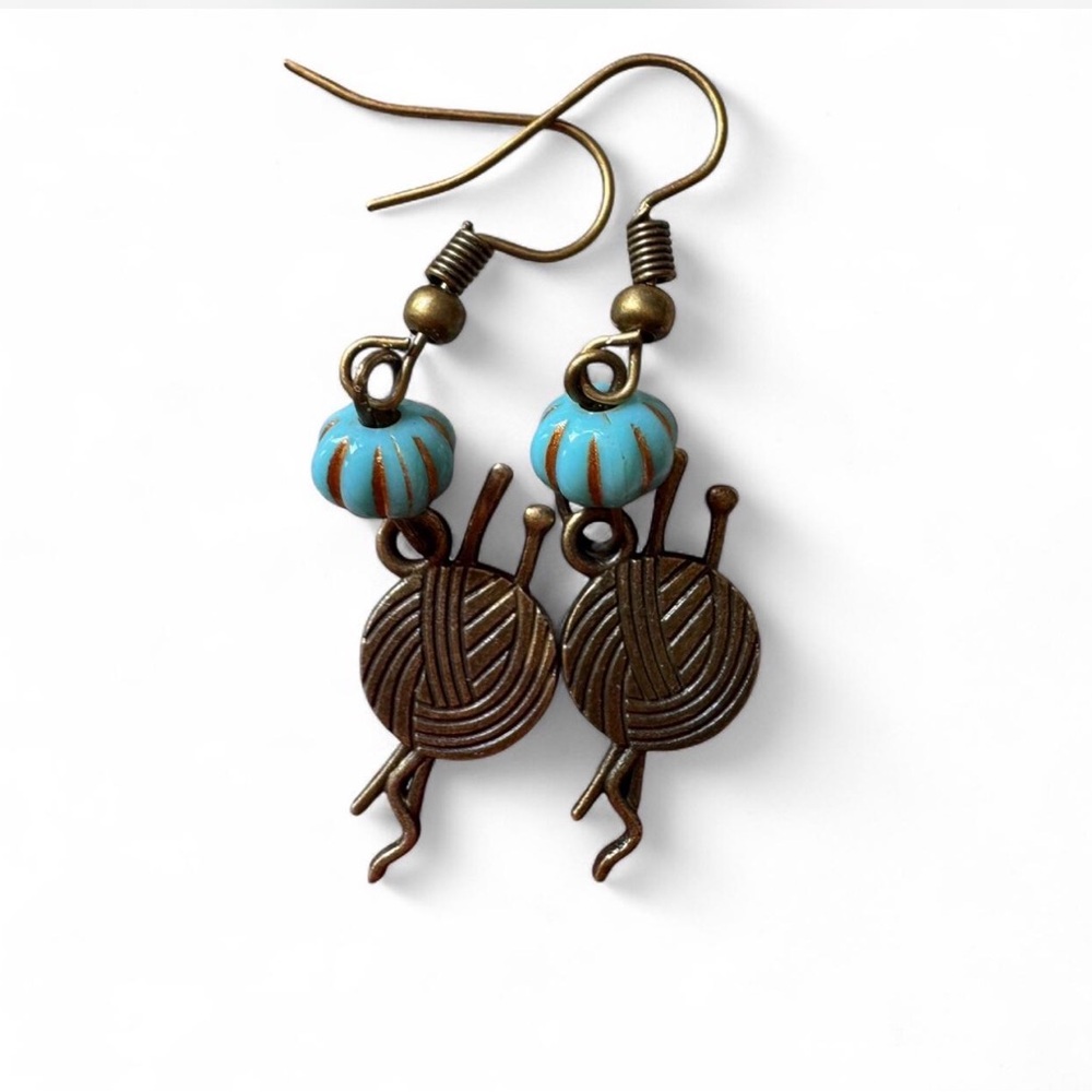 Handmade Bronze Yarn Ball & Blue Acrylic Bead Earrings